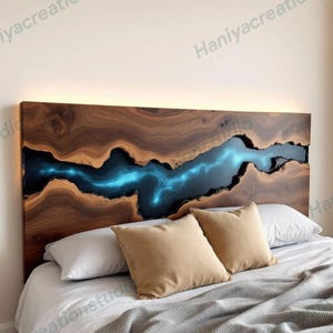 Handcrafted Dark Green Metallic Blue Resin Wood Bed Headboard, Artistic Bedroom Accent, Luxury Bedroom Décor, Live Edge Wooden Accent Piece.