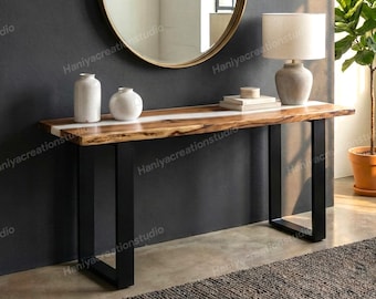 Mesa consola de epoxi blanca hecha a mano: mesa de sofá de entrada moderna y mesa estrecha para pasillo