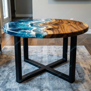 Handgemaakte oceaanblauwe epoxy salontafel | Coastal Wave Design tafel houthars