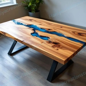 Handmade Metallic Blue Epoxy Resin Dining Table: Coastal Modern Wood Centerpiece