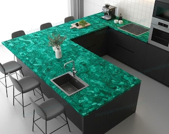 Natural Green Malachite Kitchen Counter Surface – Luxury Gemstone Slab for Elegant Interiors