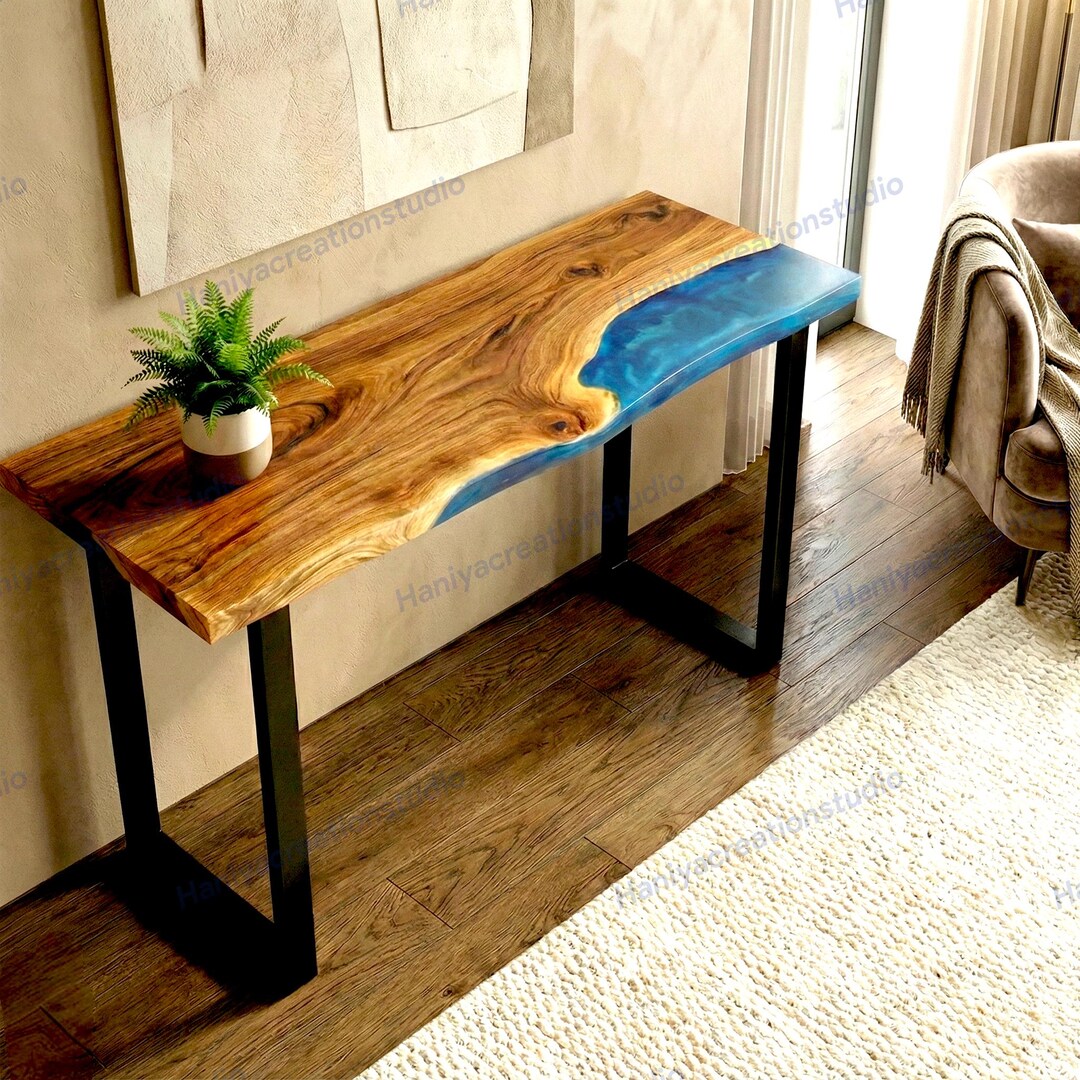 Blue Metallic Epoxy Console Table | Handmade Wood Narrow Entryway ...
