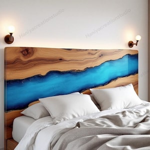 King Size Blue Resin & Wood Bed Headboard, Modern Luxury Bedroom Décor, King Size Blue Epoxy Bed Headboard, Handmade Artistic Bedroom Accent