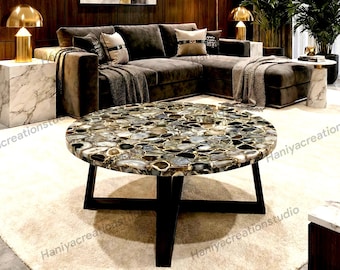 Handmade Brown Agate Round Coffee Table | Custom Crystal Stone Dining Centerpiece