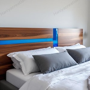 Handcrafted Clear Blue Resin & Live Edge Wood Bed Headboard, Artistic Bedroom Accent, Luxury Bedroom Décor, Live Edge Wooden Accent Piece.