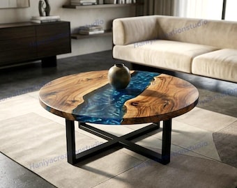 Custom Round Wood Epoxy Table, Ocean Blue River Coffee Table, Live Edge Furniture