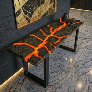 Lava Epoxy Resin Console Table, Burning Wood Effect Table, Modern Entryway & Hallway Furniture