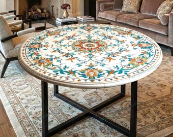 Handcrafted White Marble Gemstone Inlay Round Dining Table | Custom Pietra Dura Parchin Kari Luxury Marble Top