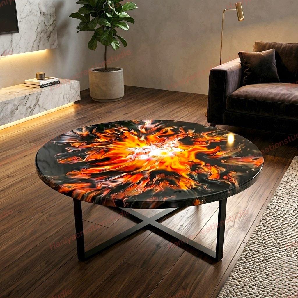 Couchtisch aus geschmolzenem Lava-Epoxidharz - rundes schwarz-oranges künstlerisches Mittelstück