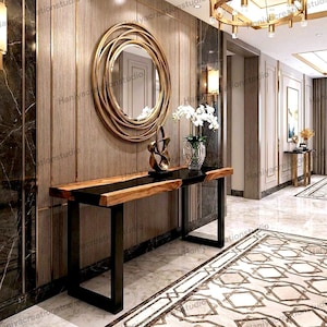 Consola estrecha de lujo de madera de resina epoxi negra: elegancia moderna para la entrada y el pasillo.