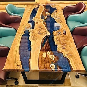 Modern Metallic Blue Wood Epoxy Table – Handmade Coffee & Accent Table for Home Interiors, Handmade Coffee Center Table for Living Room