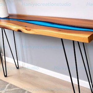 Handcrafted Metallic Blue Resin & Wood Console Table | Modern Entryway Furniture | Live Edge Hardwood with Epoxy River Design |