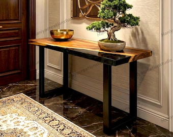 Luxury Black Epoxy Resin Console Table | Natural Wood Slim Entryway Hallway Table
