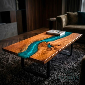 Live Edge Epoxy River soffbord, handgjort bord i träharts, turkosblått Riverbord, moderna rustika vardagsrumsmöbler