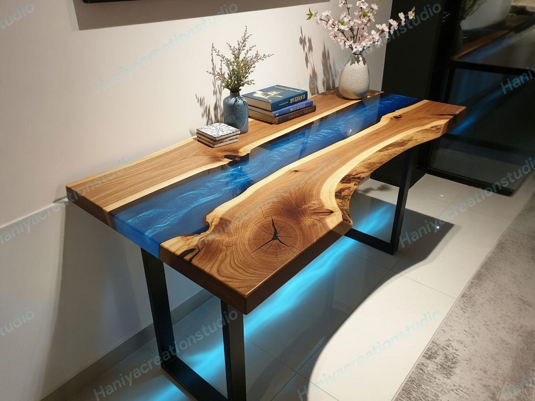 Live Edge Wood Narrow Console Table |blue Epoxy Behind Sofa Table for ...