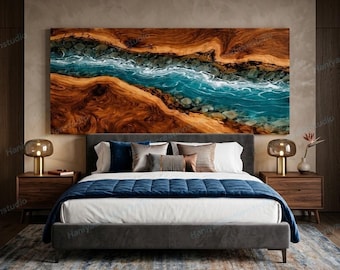 Blaues Epoxidfluss-Kopfteil, Live-Edge-Holzwandkunst, Ozean inspirierte Bett-Rückenbrett