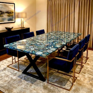 Custom made Blue Agate Dining Table, Luxury Natural Agate Stone top