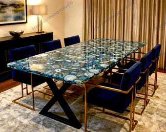 Custom made Blue Agate Dining Table, Luxury Natural Agate Stone top