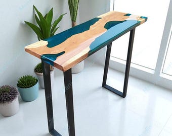 Artisan Teal Blue Epoxy Wood Console – Narrow Table for Entryway and Hallway