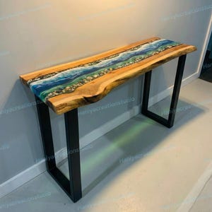 Ocean Blue Wave Epoxy Resin Console Table with Natural Pebbles & Live Edge Wood