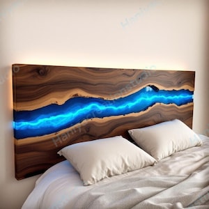 Handcrafted Glowing Blue Resin & Live Edge Wood Bed Headboard, Artistic Bedroom Accent, Luxury Bedroom Décor, Live Edge Wooden Accent Piece.