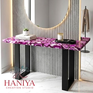 Custom Pink Agate Console Table, Slim Luxury Hallway Entryway Furniture