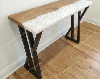 Consola de madera y resina blanca hecha a mano / Mesa de sofá de entrada delgada