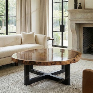 Mesa de centro rústica moderna hecha a mano con rodajas de madera natural, acabado brillante.