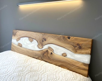 Live Edge Wood and White Epoxy Headboard, Custom Handmade Luxury Bed Back Panel, Modern Wall Mounted Bedroom Wall Art