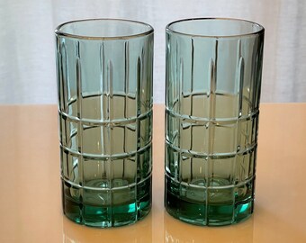 Four Vintage Frosted Primary Plaid Striped Drinking Glasses