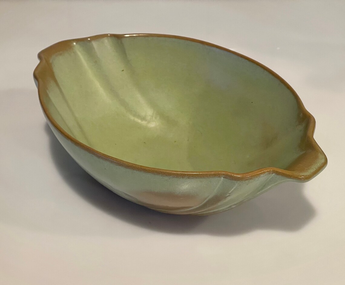 Frankoma Pottery Serving Bowl Handled Green and Brown Tone Etsy