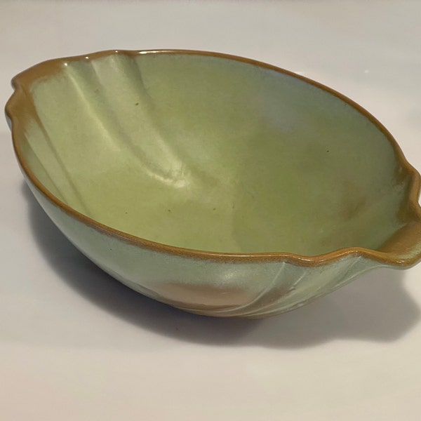 Frankoma Pottery Serving Bowl handled green and brown tone vintage modern style