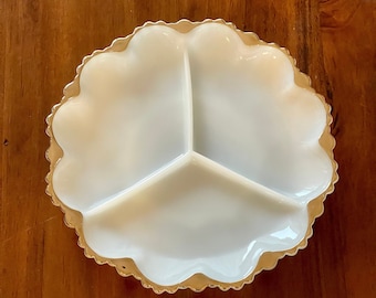 Anchor Hocking Fire King White Milk Glass Divider Plate Serving Dish Compartment Gold Trim Relish Dish Scalloped Edges Excellent Condition
