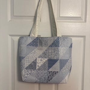 Upcycled Cotton Tote Bag: Reversible Blue Patchwork Beach Design