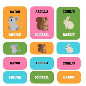 Gioco educativo bilingue per bambini 52 animali in spagnolo e inglese – Attività di memoria visiva da stampare – Montessori – PDF scaricabile