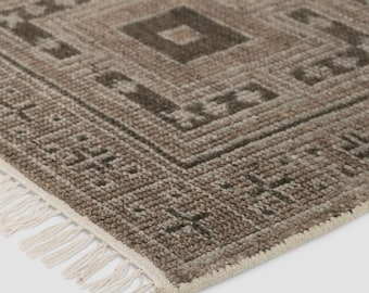 Hand-Knotted Wool Rug: Taupe Brown Geometric Area Carpet