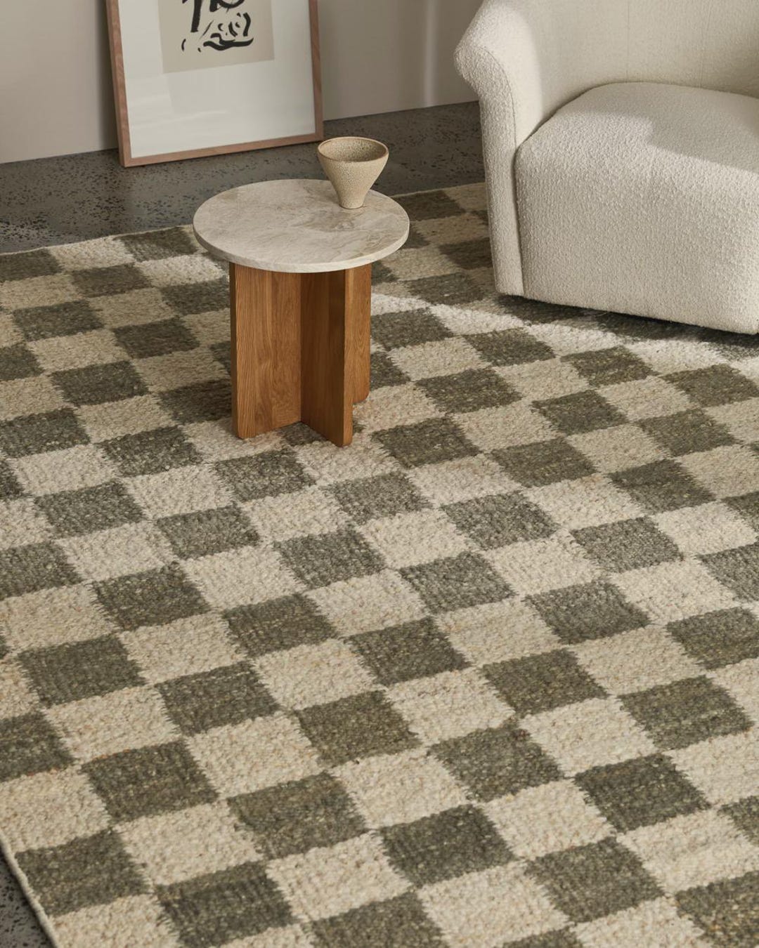 Hand Knotted Wool Checkerboard Rug: Olive Green & Beige Boho Decor - Etsy