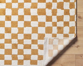 Alfombra de lana a cuadros anudada a mano: Alfombra geométrica en terracota y marfil