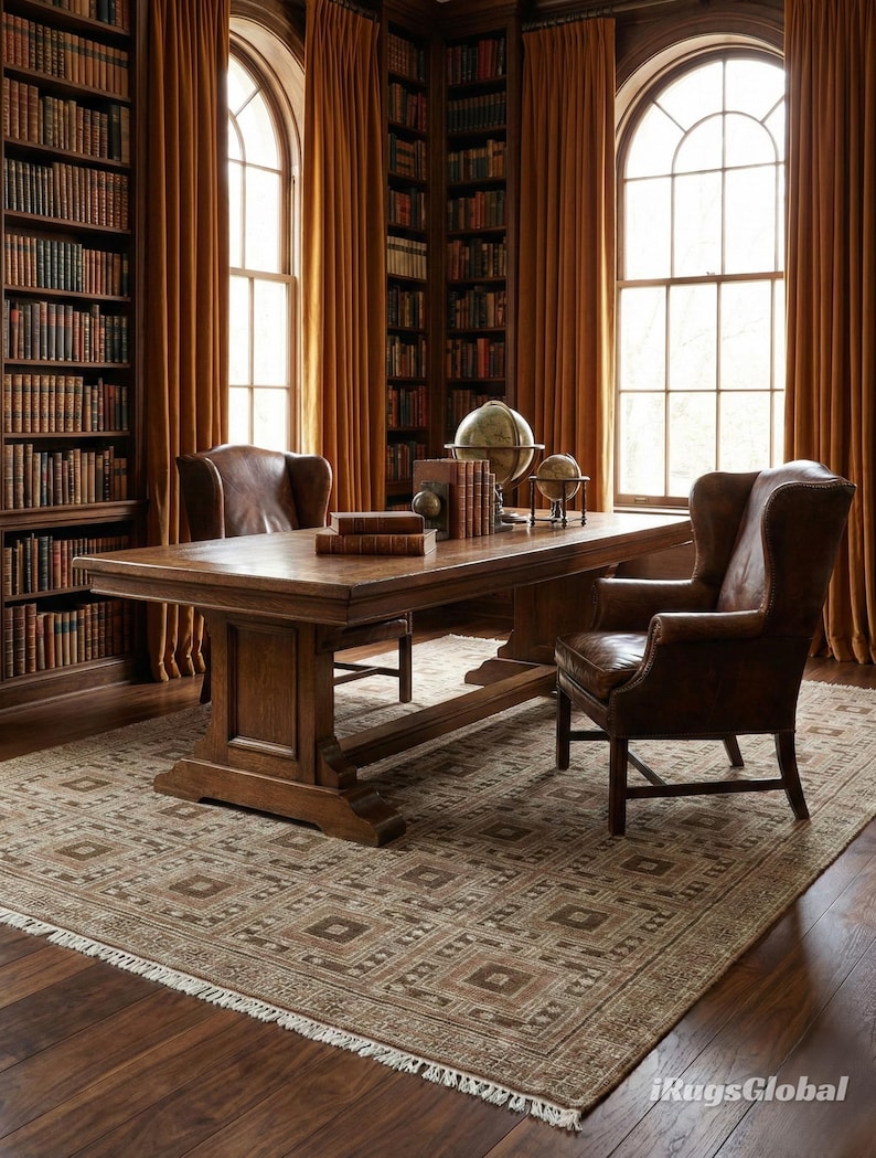 Hand-Knotted Wool Rug: Taupe Brown Geometric Area Carpet image 7