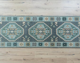 Hand Knotted Wool Runner Rug Blue Green Geometric Hallway Rug