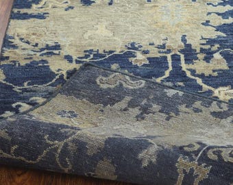 Alfombra de lana floral azul: alfombra artesanal de granja anudada a mano