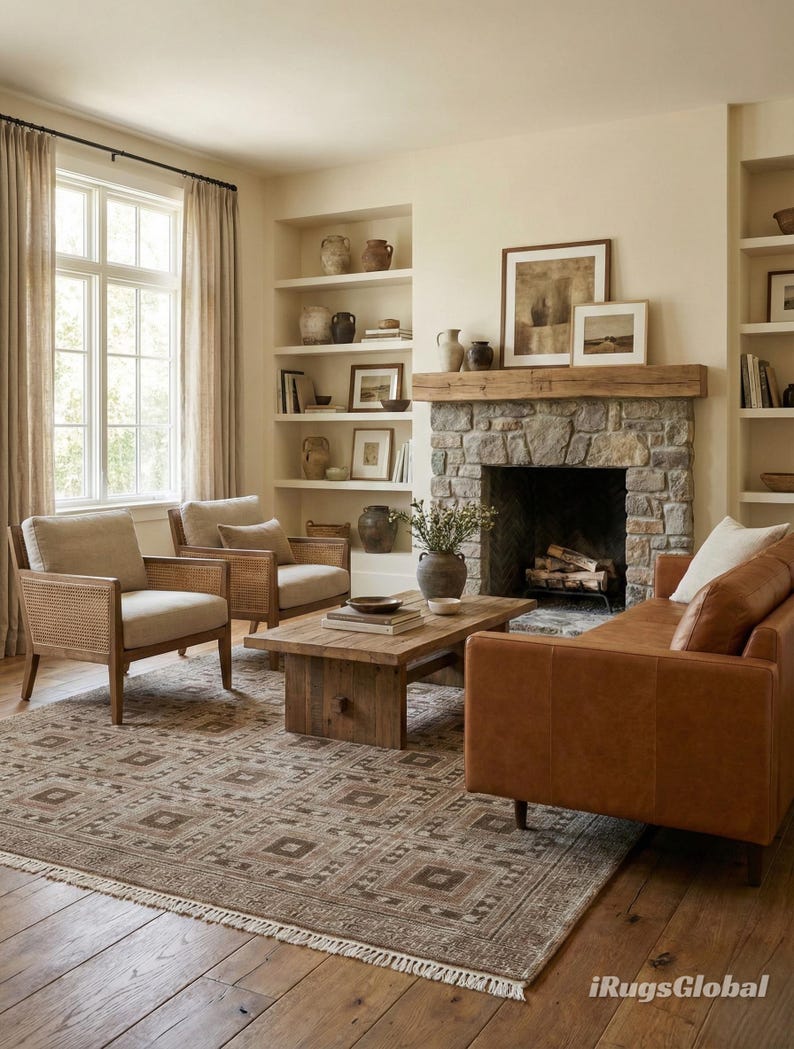 Hand-Knotted Wool Rug: Taupe Brown Geometric Area Carpet image 6