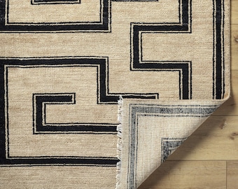 Hand-Knotted Wool Rug: Modern Geometric Beige & Black Carpet