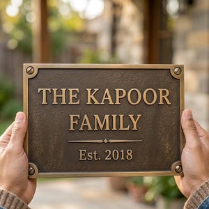 Könnte beinhalten: Ein rechteckiges, bronzefarbenes Metallschild mit strukturierter Oberfläche und glattem Rand. Der Text THE KAPOOR FAMILY und Est. 2018 ist in erhabenen Buchstaben dargestellt. Vier Zierschrauben befinden sich an den Ecken des Rahmens.