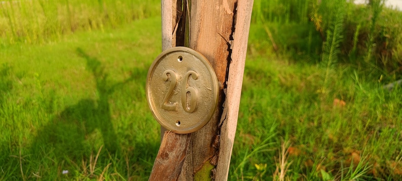 May include: A circular brass house number plaque featuring the embossed number 26. The plaque has two small screw holes at the top and bottom and is mounted onto a weathered, vertical wooden post with a rough, splintered texture and grain.