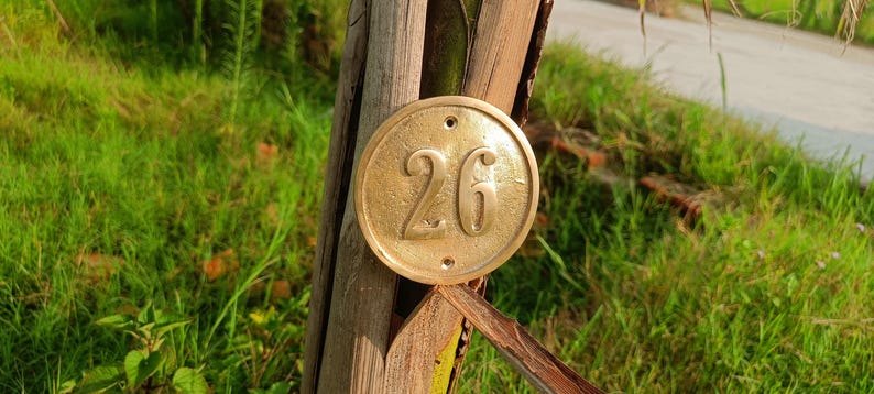 May include: A circular brass house number plaque featuring the embossed number 26 in the center. The plaque has a metallic gold finish with a slightly weathered texture and two small circular mounting holes at the top and bottom edges.