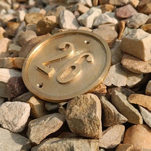 May include: A circular brass house number plaque featuring the embossed number 26 in a serif font. The plaque has a smooth, metallic finish with two small pre-drilled holes at the top and bottom for mounting purposes, resting on a bed of light-colored stones.