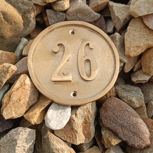 May include: A circular brass house number plaque featuring the embossed number 26 in the center. The plaque has a smooth, metallic finish with two small circular mounting holes positioned at the top and bottom center of the circular frame.