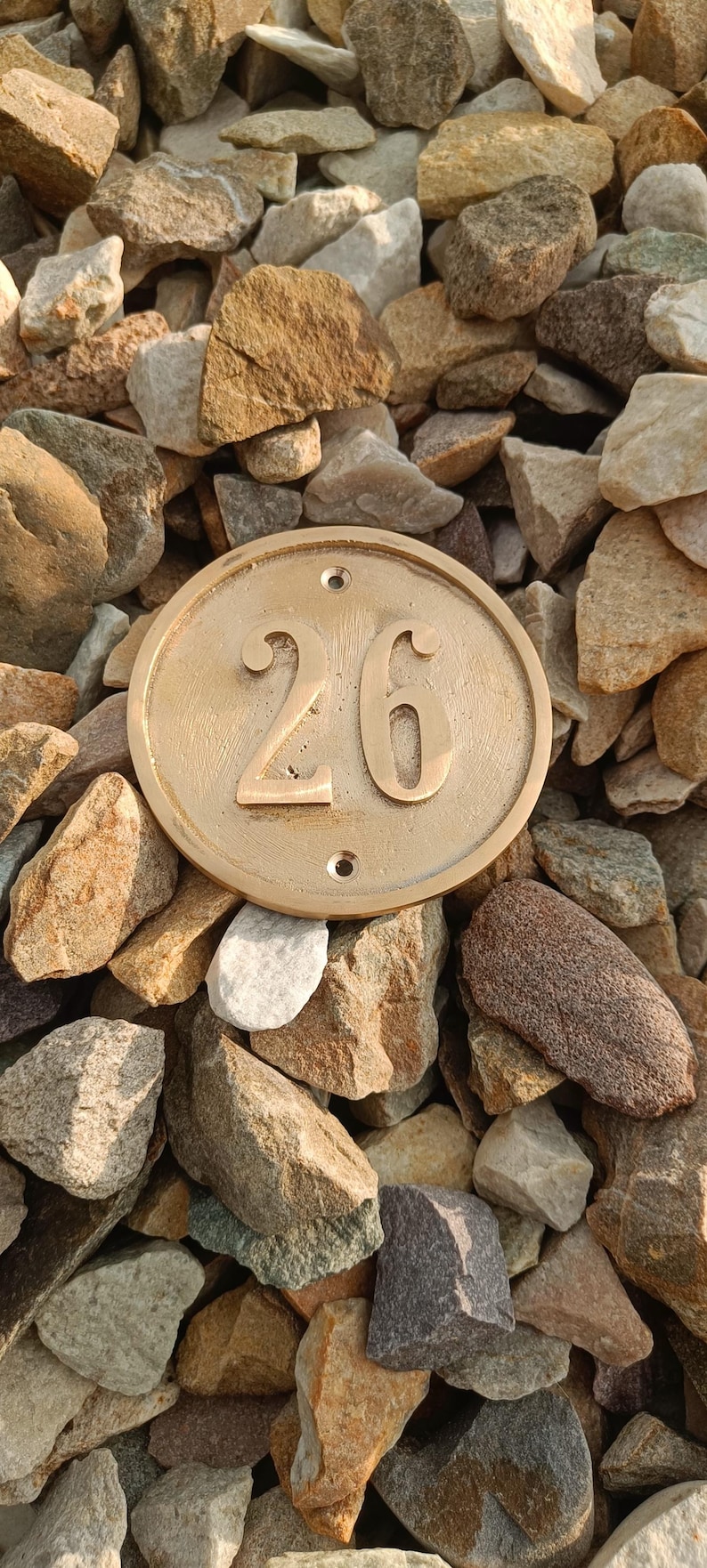 May include: A circular brass house number plaque featuring the embossed number 26 in the center. The plaque has a smooth, metallic finish with two small circular mounting holes positioned at the top and bottom center of the circular frame.