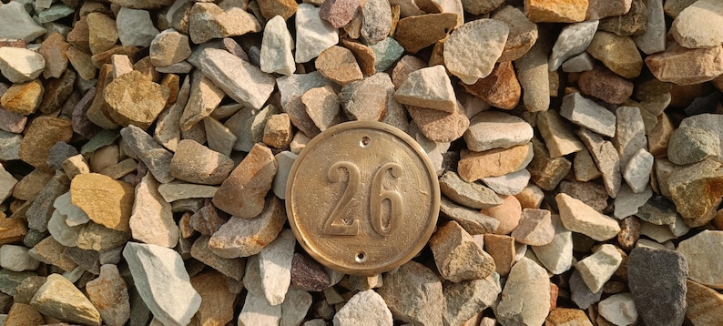 May include: A circular brass plaque featuring the embossed number 26 in the center, with two small mounting holes at the top and bottom, resting against a bed of various small, multi-colored tan, gray, and brown decorative landscaping stones.